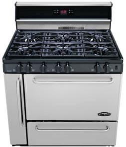 Premier P36S148BP 36 Inch Commercial Style Gas Range with 3.9 cu. ft. Manual Clean Oven, 6 Open Burners, Electronic Ignition, Broiler Drawer, Storage Compartment and Griddle Included: Open Burners w/ 10 Inch Glass Backguard