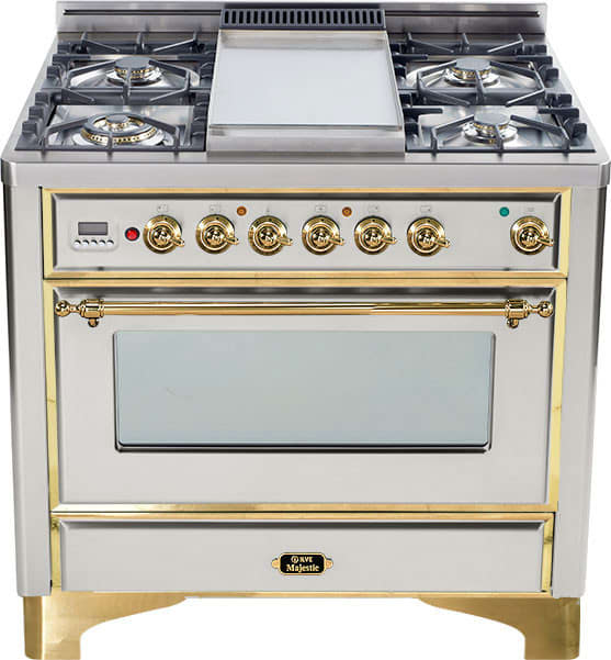 Ilve Um90fmpi 36 Inch Traditional Style Dual Fuel Range With 4 Sealed Burners 10 500 Btu Griddle 3 55 Cu Ft Manual Clean Convection Oven Rotisserie System Plate Warming Drawer And Brass Trim Stainless Steel