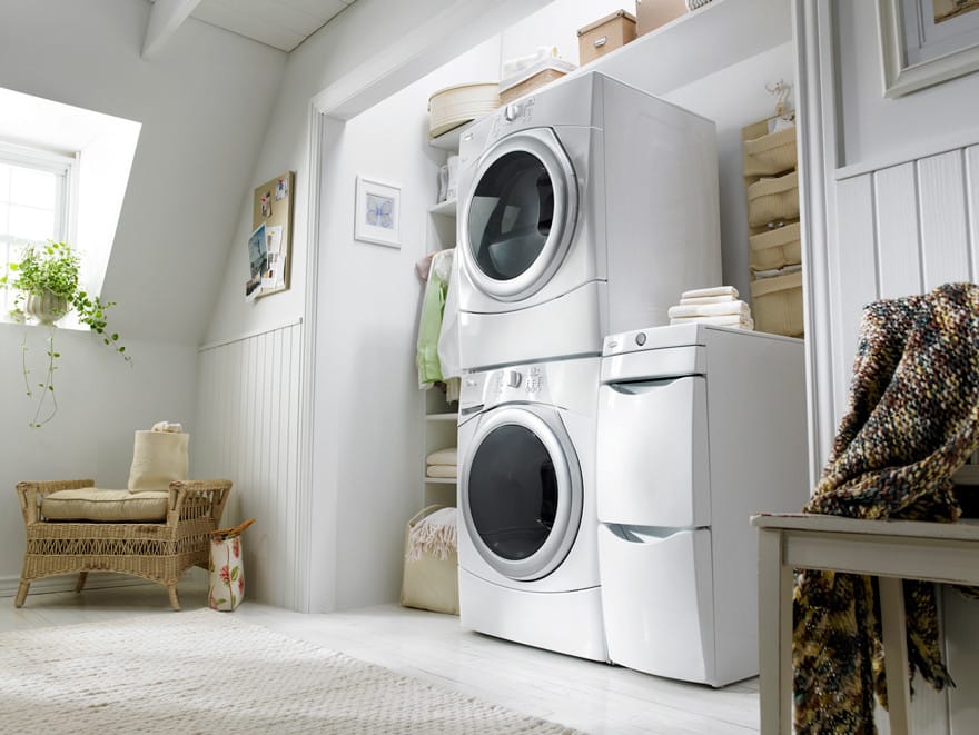Whirlpool Wed9150ww 27 Inch Electric Dryer With 6 7 Cu Ft Capacity Worksurface And Tower Whirlpool Duet Wed9150ww White Pair In Stacked Configuration With Laundry 123