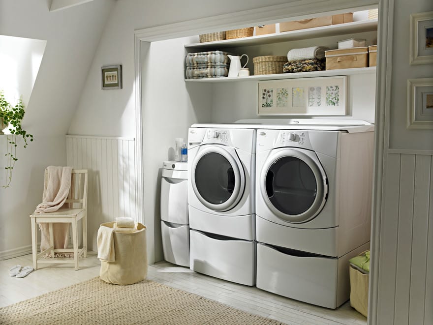 Whirlpool Wed9150ww 27 Inch Electric Dryer With 6 7 Cu Ft Capacity Whirlpool Duet Wed9150ww White Pair On 15 Pedestals With Laundry 123 Worksurface And