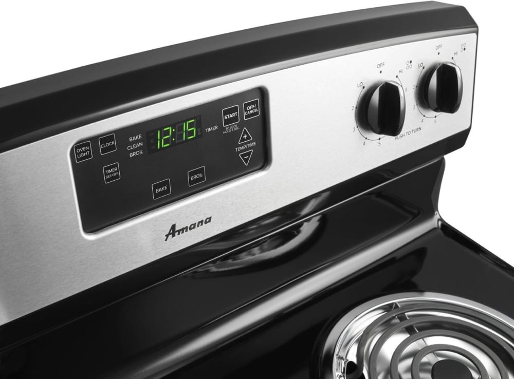 Amana Acr4303mes 30 Inch Freestanding Electric Range With 4 Coil Cooktop Elements 4 8 Cu Ft Conventional Oven 2 Oven Racks 5 Rack Guides Incandescent Oven Light And Storage Drawer Stainless Steel
