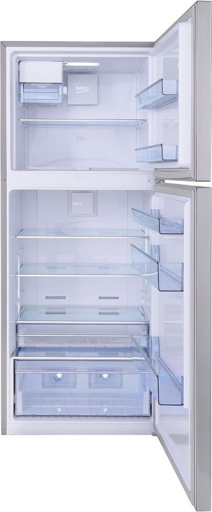 Beko BFTF2716SSIM 28 Inch Counter Depth Top Freezer Refrigerator with 13.53 Cu. Ft. Capacity, ActiveFresh Blue Light, NeoFrost Dual Cooling, IonGuard, Adjustable Glass Cantilever Shelves, Door Alarm, and Energy Star Qualified: With Ice Maker