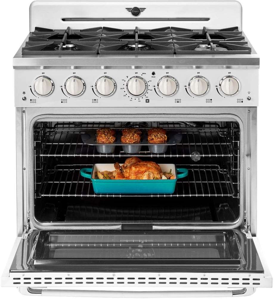 Unique Appliances UGP36CRW 36 Inch Freestanding Retro Gas Range with 6 Sealed Burners 5.2 cu. ft. Convection Oven 20 000 BTU Power Burner Continuous Grates and Oven Light Marshmallow White