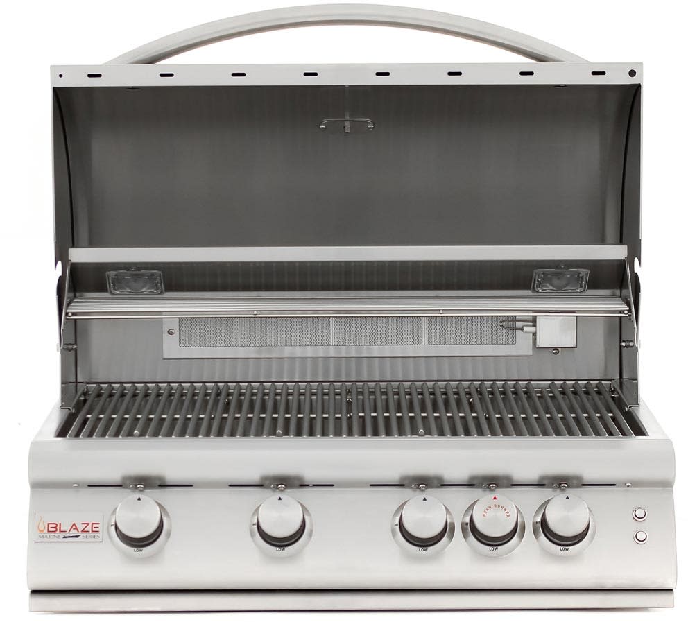Blaze Blz4lte2mglp 32 1 2 Inch Built In Grill With 740 Sq In Cooking Surface 66 000 Btu 4 Burners Removable Warming Rack Full Width Drip Tray Heat Zone Separators And Marine Grade Construction Liquid Propane