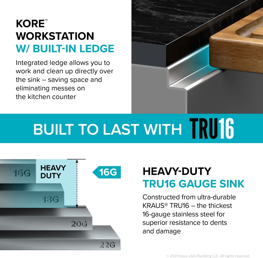 Kraus KWU1103255 32 Inch Kore™ Undermount Workstation Single Bowl Kitchen  Sink with Accessories, TRU16 Gauge Stainless Steel, Built-In Ledge,  Rear-OffSet Drain, Rust-Resistant Finish, and NoiseDefend™ Technology