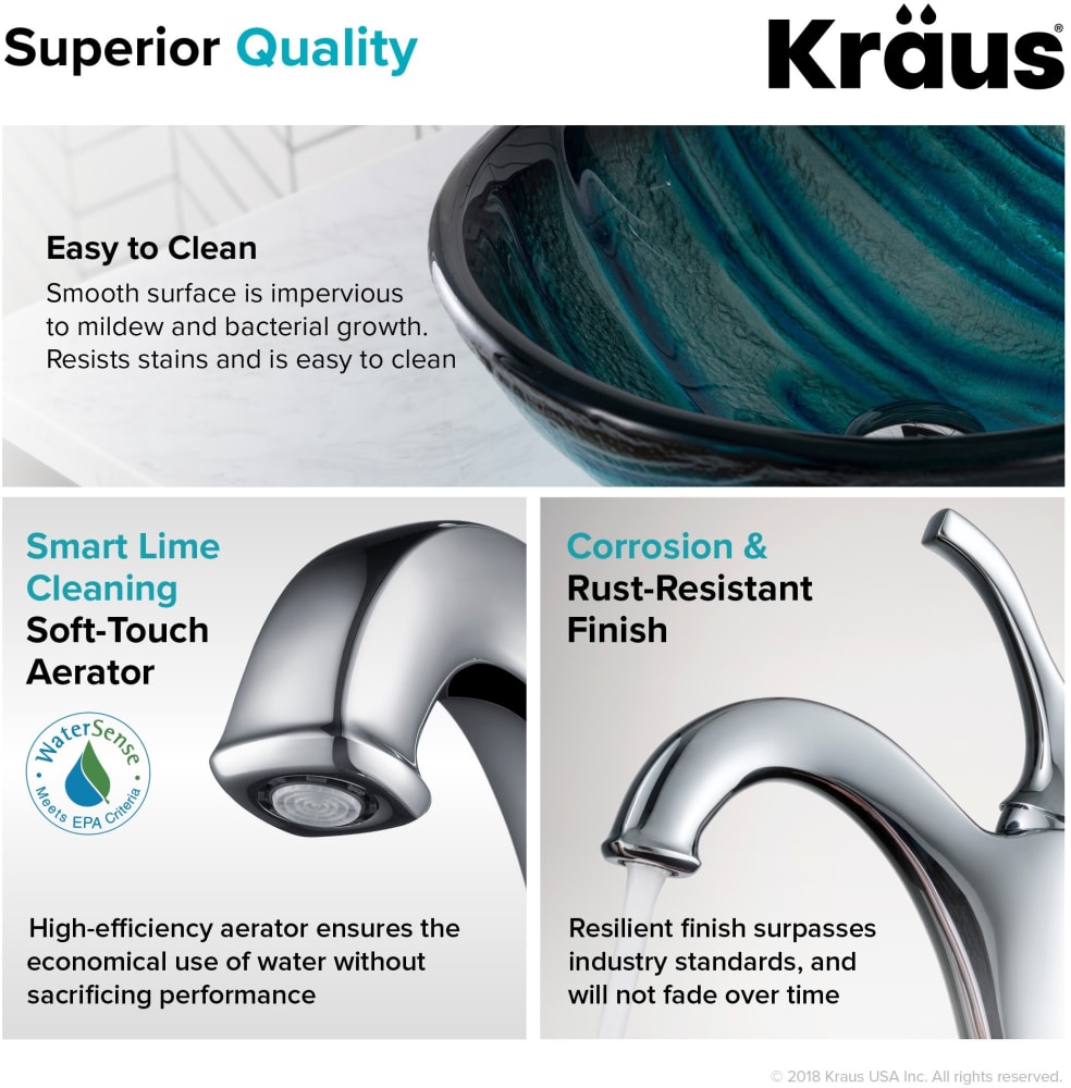 Kraus CGV39919MM1200CH 17 Inch Blue Glass Bathroom Vessel Sink and