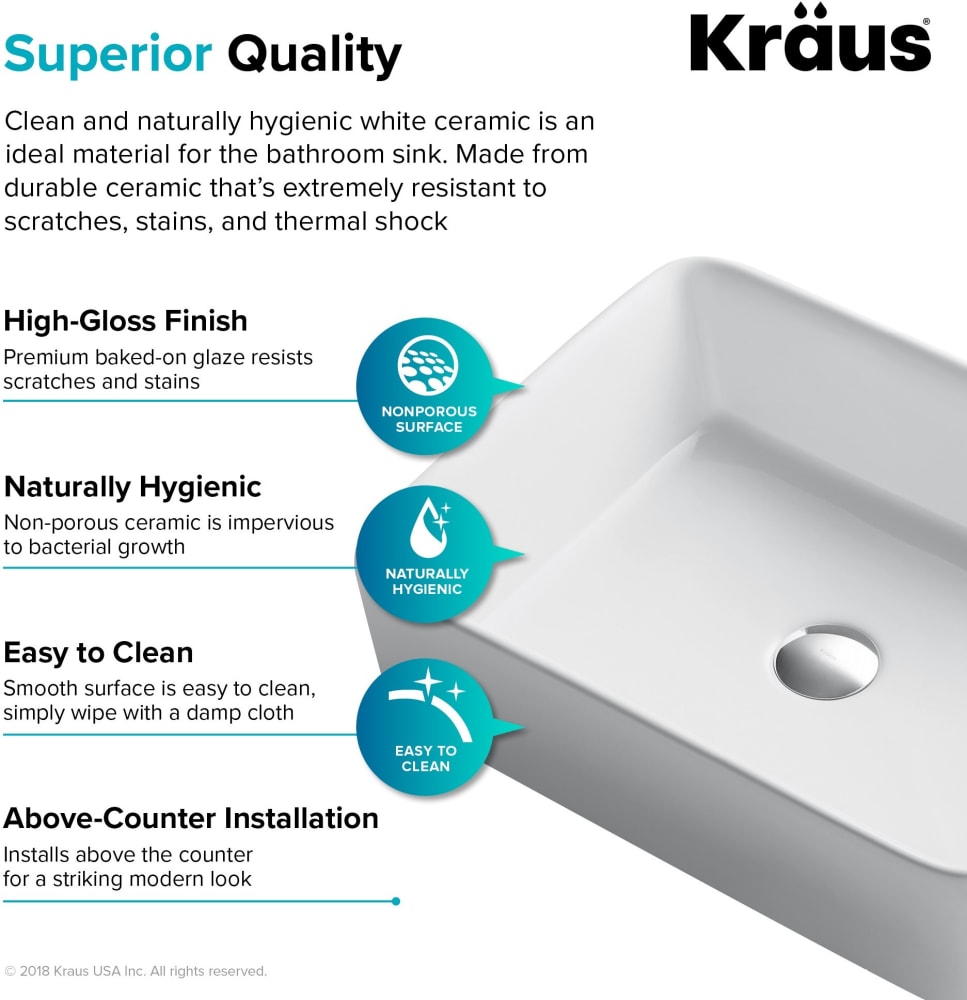 Kraus CKCV1211200CH 19 Inch Rectangular Porcelain Ceramic Vessel Sink