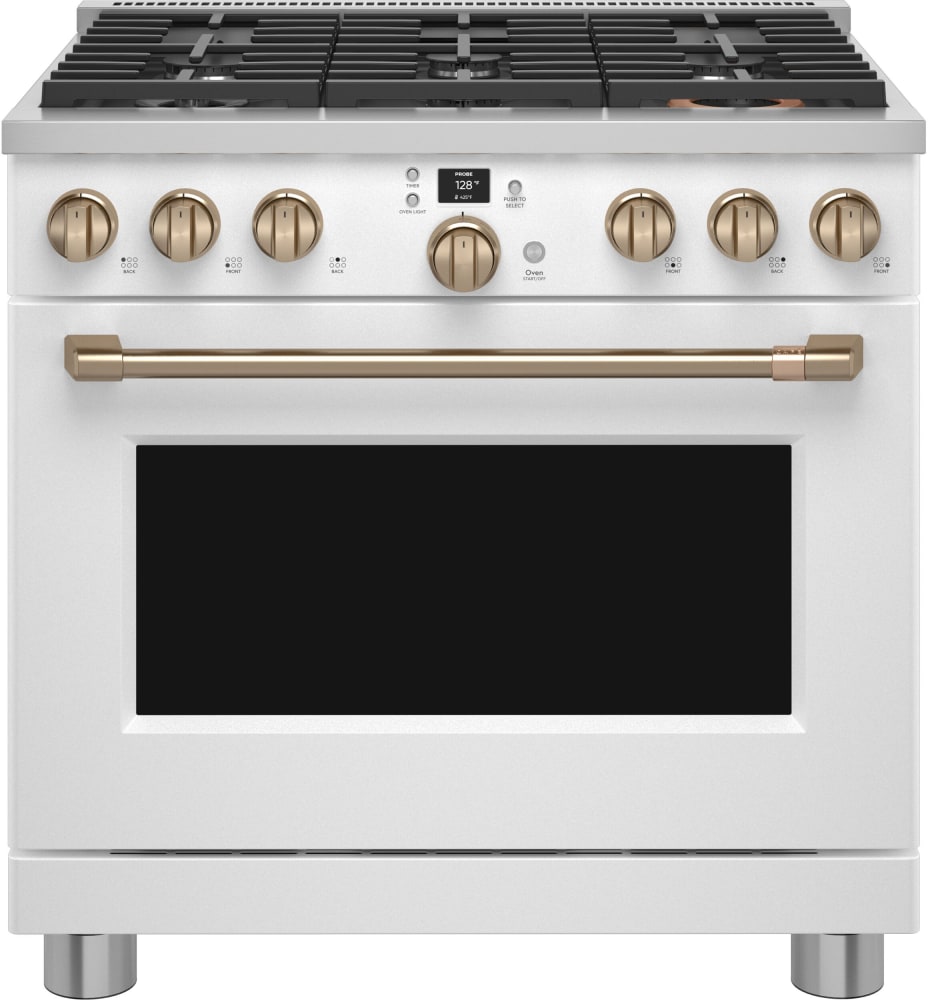 Cafe C2Y366P4TW2 36 Inch Smart Dual Fuel Professional Range with 6 Sealed Burners, 5.75 Cu. Ft. Capacity, True Convection with Reverse Air, Self Clean with Steam Option, Self Clean Bake Racks, Wi-Fi, Temperature Probe, ADA Compliant, and Star-K Certified: Matte White