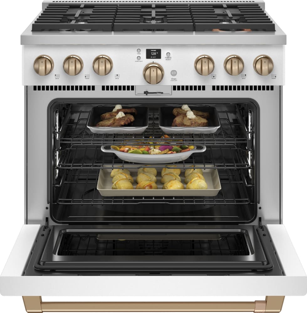 Cafe C2Y366P4TW2 36 Inch Smart Dual Fuel Professional Range with 6 Sealed Burners, 5.75 Cu. Ft. Capacity, True Convection with Reverse Air, Self Clean with Steam Option, Self Clean Bake Racks, Wi-Fi, Temperature Probe, ADA Compliant, and Star-K Certified: Matte White
