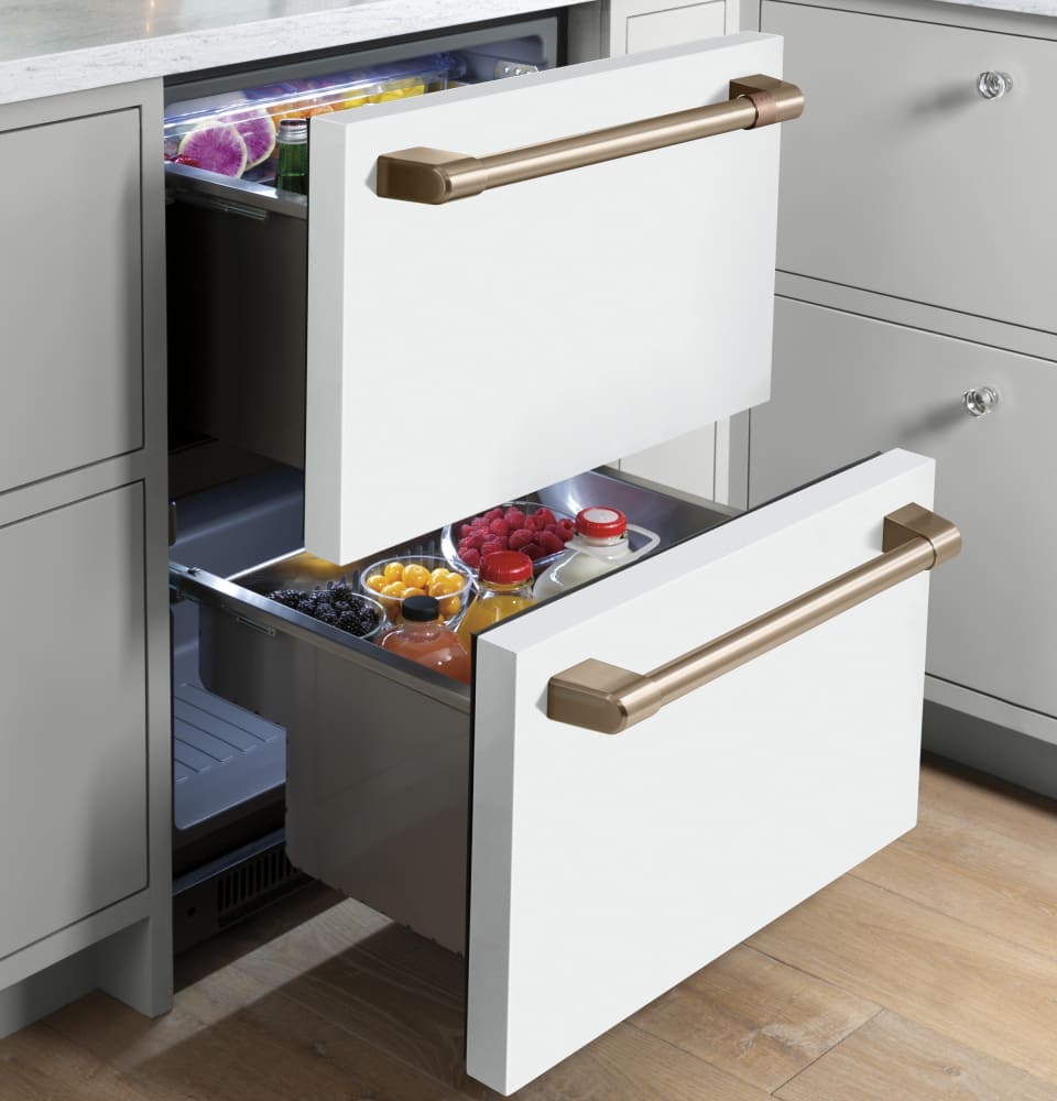 Cafe CDE06RP4NW2 24 Inch Built-In Dual Drawers Refrigerator with 5.7 Cu.  Ft. Capacity, Stainless Steel Interior, Soft-Close, Adjustable Divider, LED  Lighting, Door Alarm, and Sabbath Mode: Matte White with Brushed Bronze  Handles