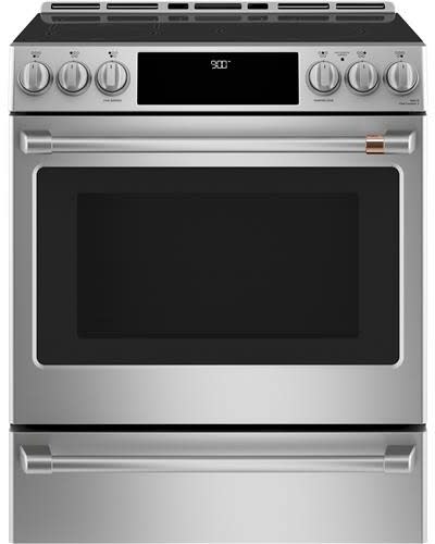 Cafe CHS900P2MS1 30 Inch Smart Slide-In Induction Range with 5 Induction Elements, 5.7 cu. ft. Oven Capacity, Wi-Fi Connect, True European Convection, Warming Drawer, 2 Synchronized Elements, Edge-to-Edge Glass Cooktop, Chef Connect, Self-Clean with Steam Option, LED Control Panel, ADA Compliant, and Star-K Certified: Stainless Steel with Brushed Stainless Handles