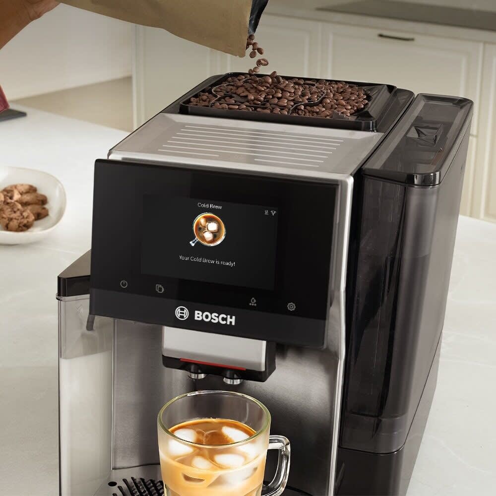 Bosch TQU60705 Fully Automatic Smart Espresso Machine with 35 Drink  Options, Voice Activated Brewing, Touch Screen Display, Steam Clean,  Attached Milk Container and Wi-Fi Enabled with Home Connect App