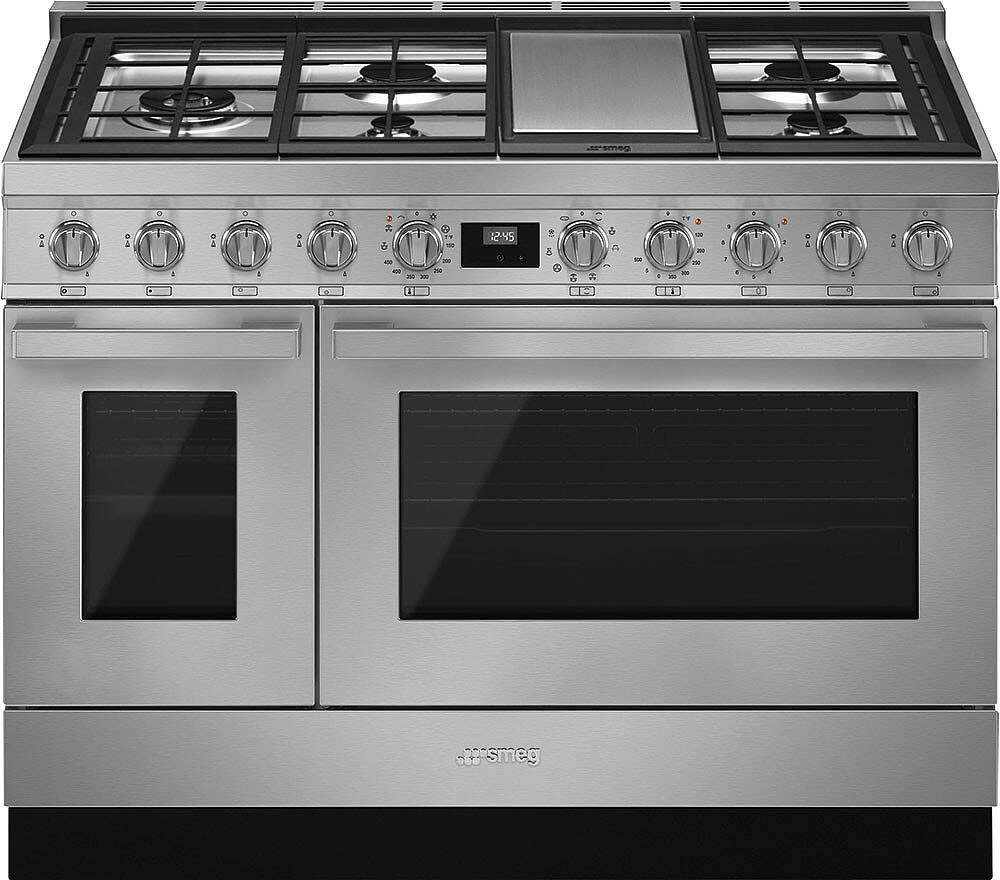 Smeg CPF48UGMX 48 Inch Freestanding Professional Dual Fuel Range with 5 Sealed Burners, Double Oven, 5.95 Cu. Ft. Total Capacity, Storage Drawer, Continuous Grates, Steam Clean, True European Triple Convection, Super Burner, and Electric Griddle: Stainless Steel