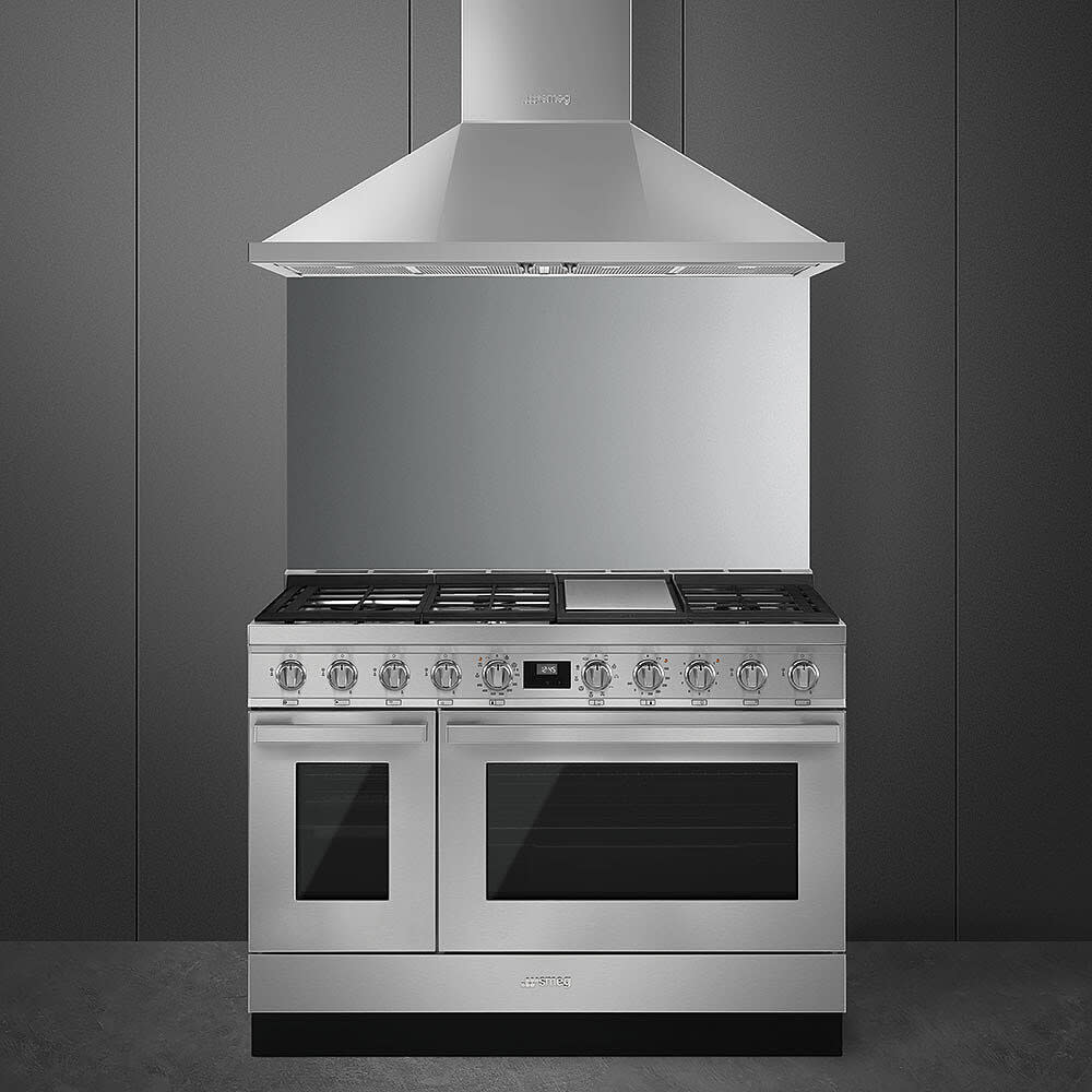 Smeg CPF48UGMX 48 Inch Freestanding Professional Dual Fuel Range with 5 Sealed Burners, Double Oven, 5.95 Cu. Ft. Total Capacity, Storage Drawer, Continuous Grates, Steam Clean, True European Triple Convection, Super Burner, and Electric Griddle: Stainless Steel