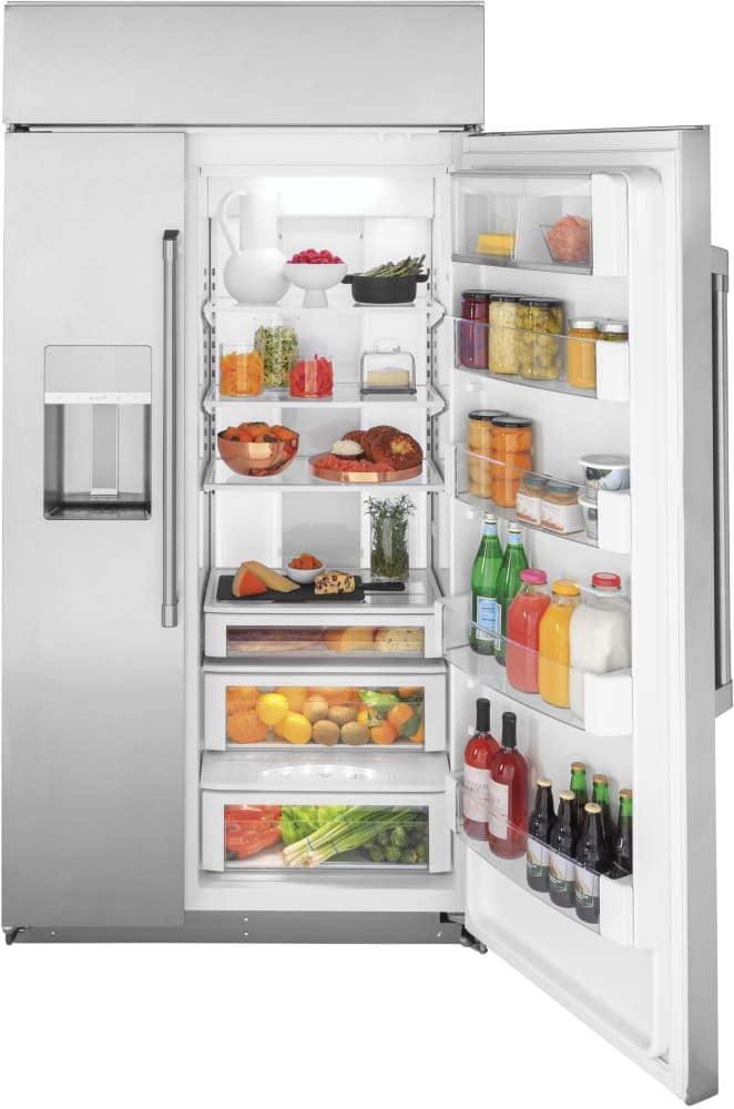 Cafe CSB42YP2NS1 42 Inch Built In Side by Side Smart Refrigerator with 24.5 Cu. Ft Capacity, Adjustable Spill Proof Shelves, Climate Control Drawer, Showcase LED Lighting, Auto Fill, WiFi, Enhanced Shabbos Mode Capable, and External Filtered Water/Ice Dispenser