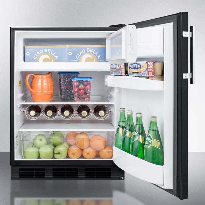 Summit CT663BKADA 24 Inch Undercounter Refrigerator with 5.1 cu. ft. Capacity, 2 Adjustable Glass Shelves, Crisper Drawer, 3 Door Bins, Wine Rack, Freezer Compartment, Interior Lighting and Dial Thermostat: Black, ADA Compliant