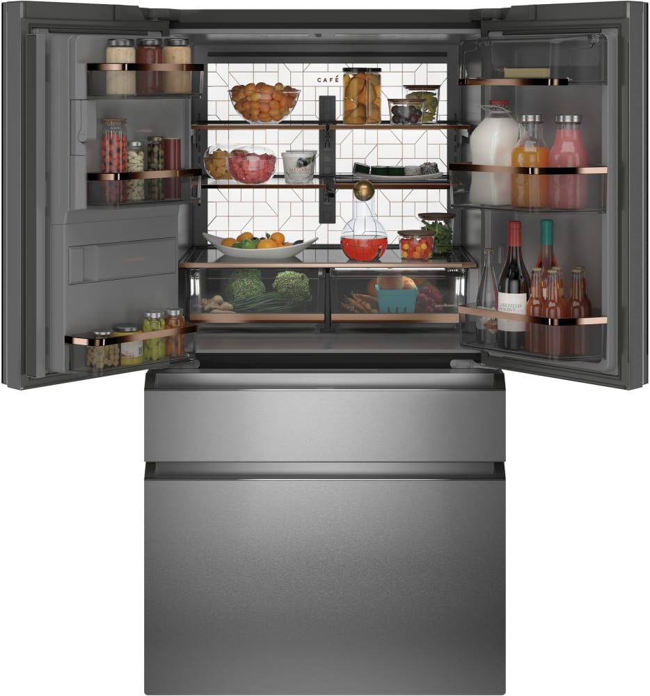Cafe CVE28DM5NS5 36 Inch Smart 4-Door French-Door Refrigerator with 27.6 Cu. Ft. Capacity, WiFi Connect, TwinChill™ Evaporators, Convertible Drawer, LED Light Tower, Auto Fill Water Dispenser, Humidity Control System, and Full-Width Freezer Tray