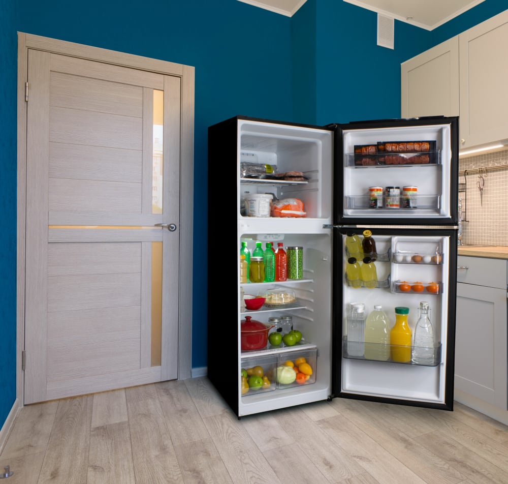 Danby DFF101B1BDB 24 Inch Freestanding Top Freezer Refrigerator with 10.1 Cu. Ft. Capacity 2 Glass Shelves CanStor Door Liner Crisper Drawers LED
