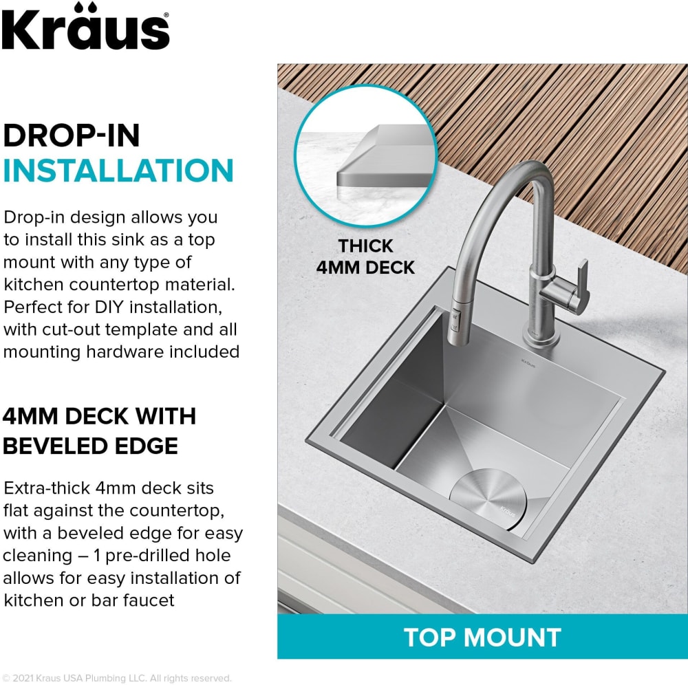 Kraus KWT32115316 15 Inch Kore™ Top Mount Drop In Outdoor Workstation Single  Bowl Kitchen Sink with Accessories, 16 Gauge Marine Grade T-316 Stainless  Steel, Built-In Ledge, Rear Set Drain, Rust-Resistant Finish, and