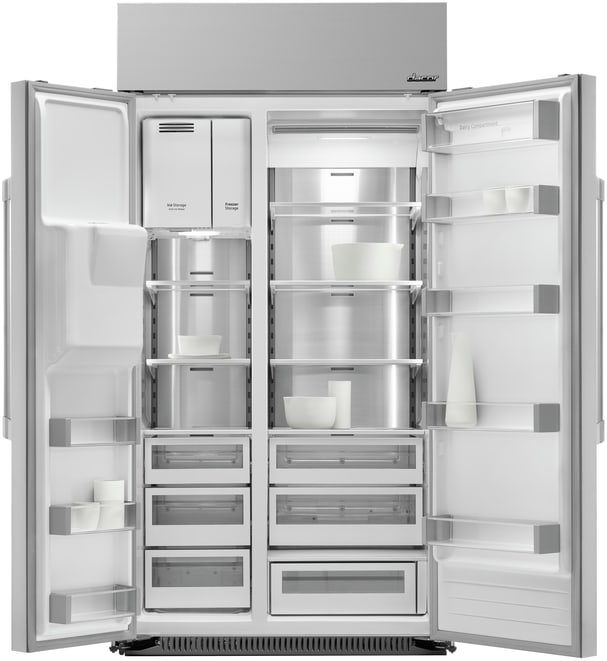 Dacor DYF42SBIWR 42 Inch Built-In Side-by-Side Refrigerator with Wi-Fi, Power Cool, Power Freeze, Dairy Center, Humidity Controlled Crispers, Water/Ice External Dispenser, Door Open Alarm, Stainless Steel Interior, Digital Compressor, Twin Cooling System, Metal Cooling, Self Closing Hinges, LED Lighting, 24 cu. ft. Capacity, Sabbath Mode and ENERGY STAR® certified