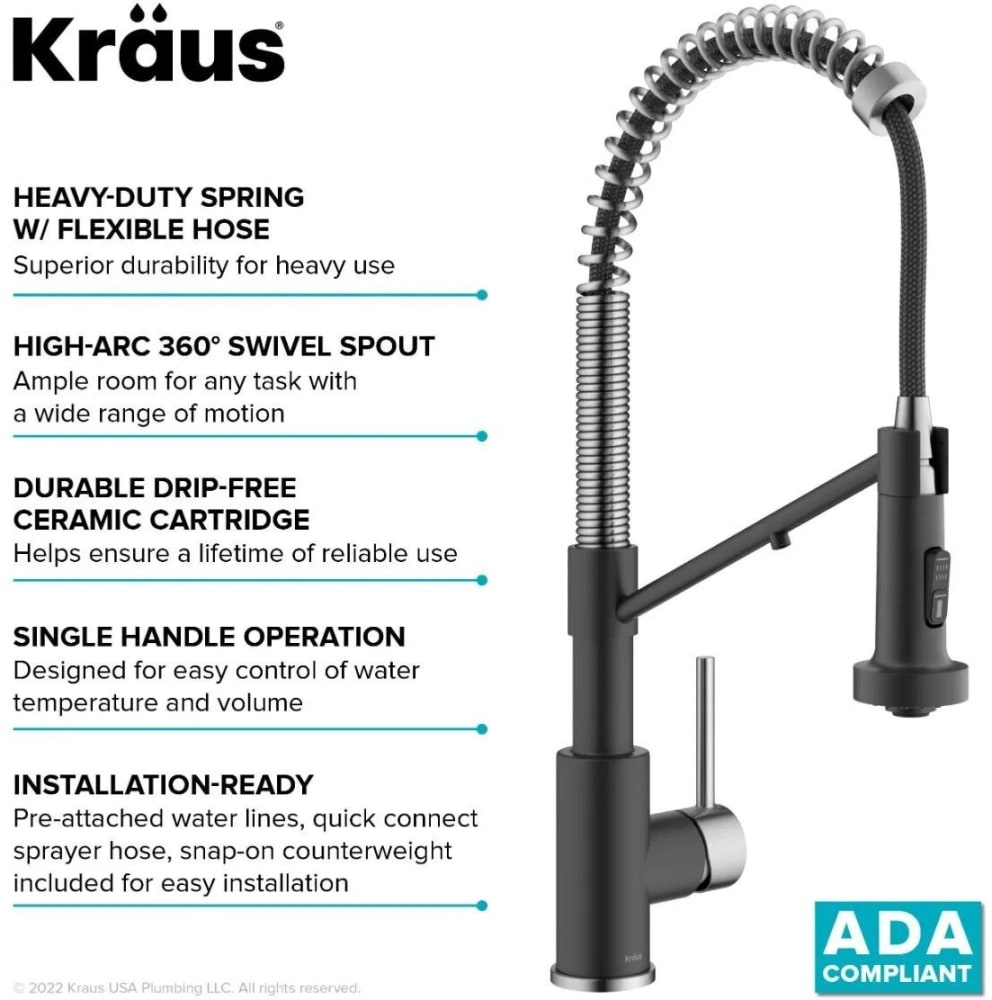 Kraus KFF1610SFSMB Single Handle Commercial Pull Down Kitchen Filter Faucet with Dual Function Sprayhead 1.8 GPM Faucet Flow Rate 1.0 GPM Filter Flow Rate ABS Sprayer 360 Swivel Spout and ADA Complian...