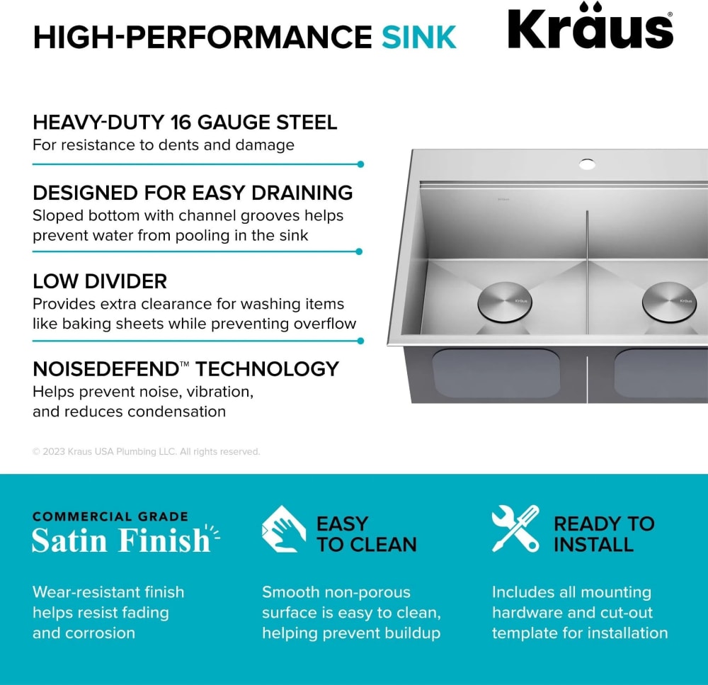 Kraus KHT30233 33 Inch Topmount Double Bowl Kitchen Sink with Ultra-Slim  Low Divider, Extra Thick Deck and TRU16 Stainless Steel