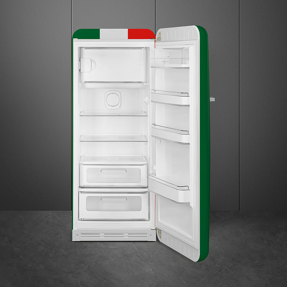 Smeg FAB28URDIT3 24 Inch Freestanding Top Freezer Refrigerator with 9.92 Cu. Ft. Total Capacity, Multi-Flow Cooling System, LED Internal Light, Ice Cube Tray, 3 Adjustable Glass Shelves, and ENERGY STAR® Certified: Italian Flag, Right Hinge