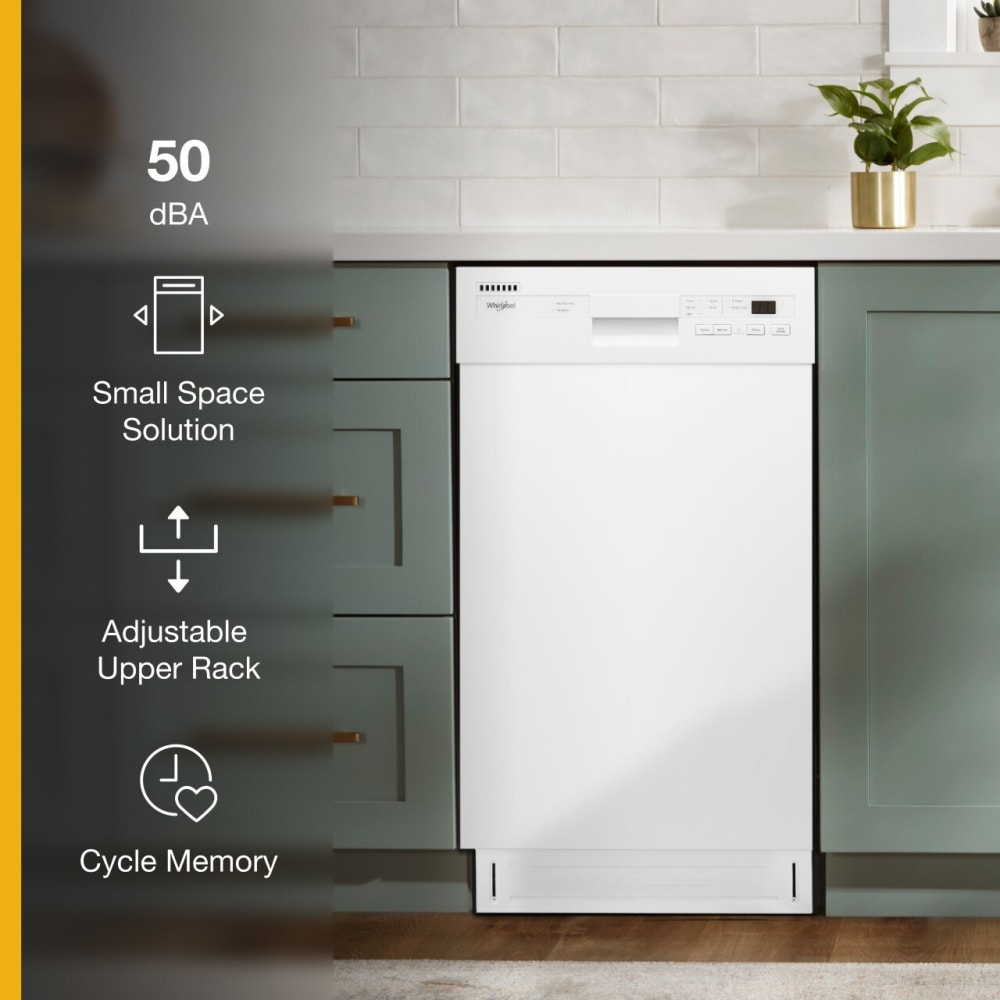 Whirlpool WDPS5118PW 18 Inch Full Console Dishwasher with 8 Place Settings 50 dBA 5 Wash Cycles Nylon Coated Racks Cycle Memory Quick Wash Heated Dry ADA Compliant and ENERGY STAR White