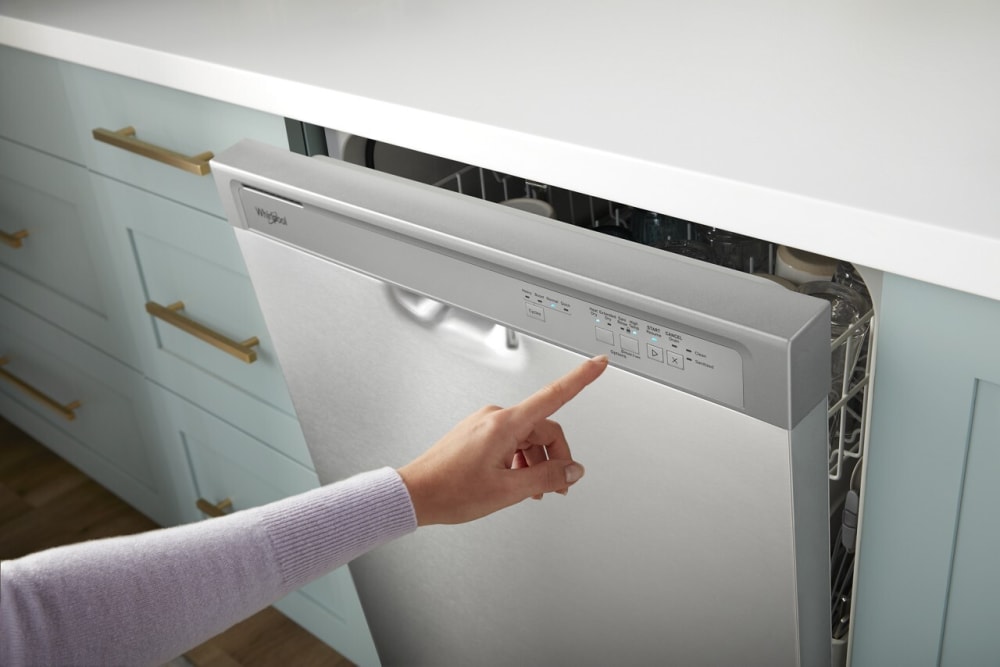 Whirlpool WDF341PAPM 24 Inch Full Console Dishwasher with 12 Place Setting 57 dBA 4 Wash Cycles PVC Coated Racks Plastic Tub Boost Cycle Quick Wash Energy Star and Star K Stainless Steel