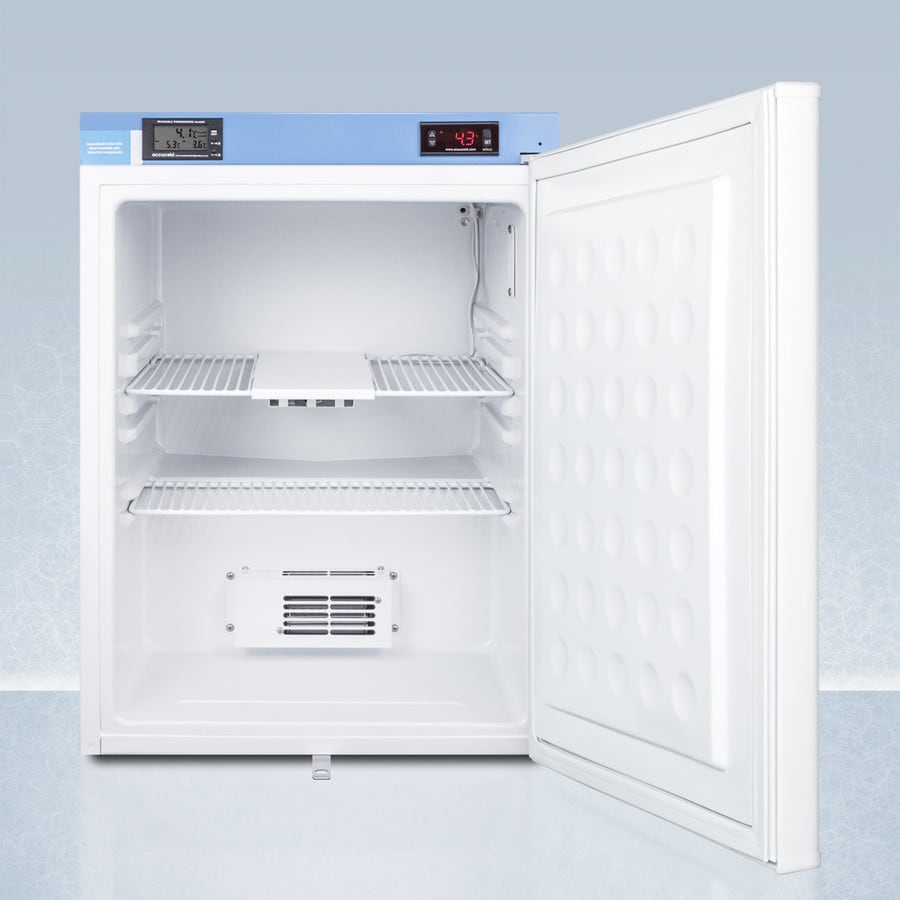 AccuCold FF28LWHMED2 19 Inch Compact Medical Refrigerator with High/Low Temperature Alarm, Buffered Temperature Probe, Factory-Installed Lock, Digital Thermostat, NIST Calibrated Temperature Display, Automatic Defrost, Internal Fan, Adjustable Shelf, CFC Free and 2.4 cu. ft. Capacity