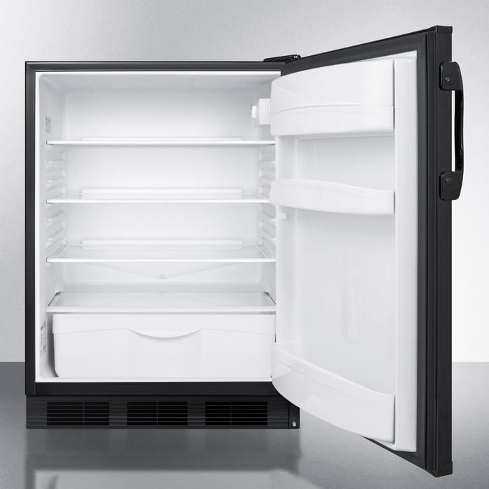 AccuCold FF6BBI7 24 Inch Undercounter All Refrigerator with 5.5 cu. ft. Capacity, Adjustable Glass Shelves, Door Storage, Crisper Drawer and Interior Lighting: Black on Black