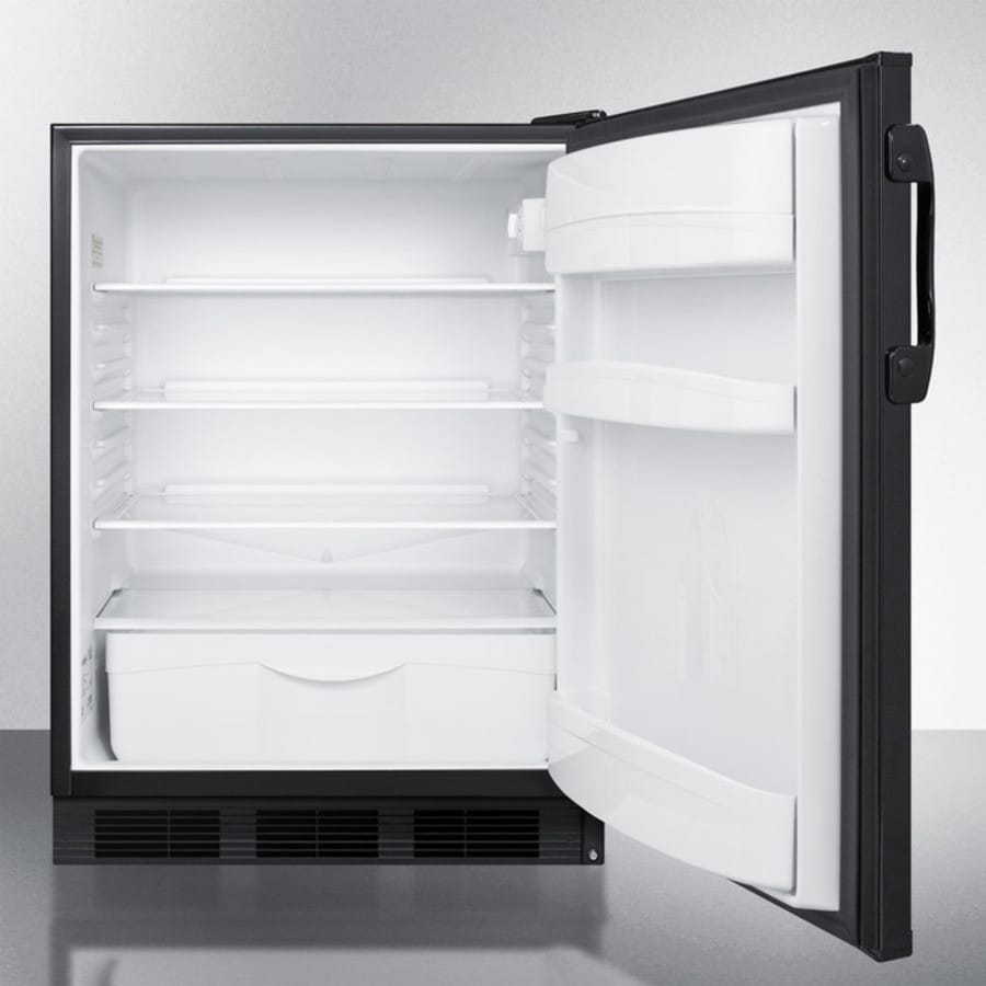 AccuCold FF6B 5.5 cu. ft. Compact Refrigerator with Adjsutable Glass Shelves, Automatic Defrost, Interior Lighting, Crisper Drawer, Door Storage and Jet Black Exterior Finish: Black