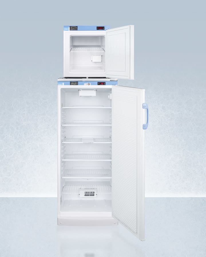 AccuCold FFAR10FS24LSTACKMED2 24 Inch Stacked Medical All-Refrigerator All-Freezer with Digital Read-Out Thermostats, Wire Shelves, Locks and Keys, Temperature Alarm, Hospital Grade Cords, Access Port, and 11.5 cu. ft. Capacity
