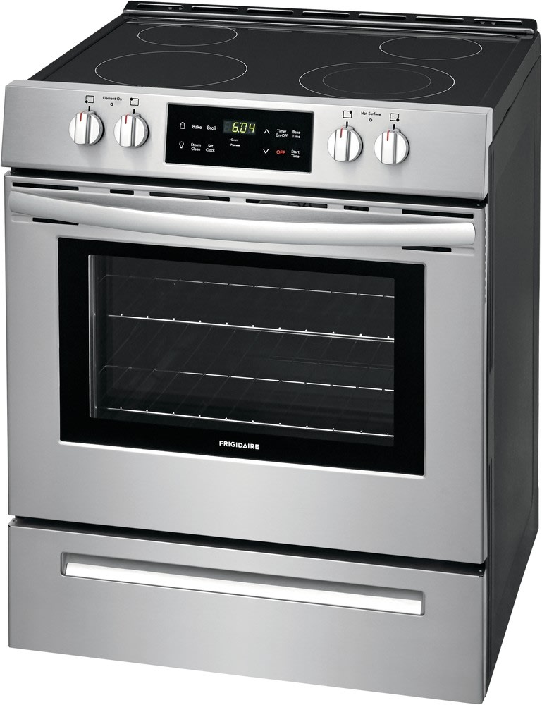 Frigidaire FFEH3051VS 30 Inch Front Control Electric Range with 4 Smoothtop Elements, 5.0 Cu. Ft. Capacity, SpaceWise® Expandable Element, Store More™ Storage Drawer, Even Baking Technology, Quick Boil Element, Built-in Look, Rear Filler Kit, and Steam Clean