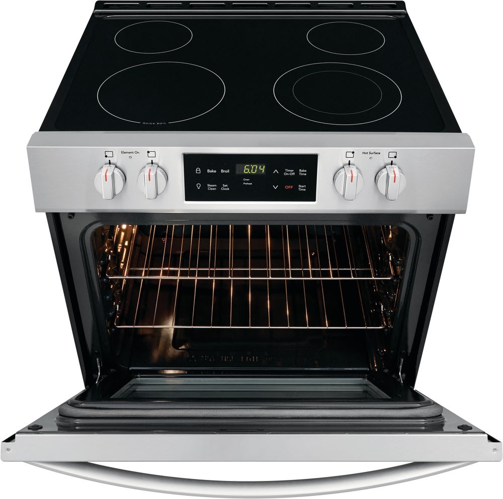 Frigidaire FFEH3051VS 30 Inch Front Control Electric Range with 4 Smoothtop Elements, 5.0 Cu. Ft. Capacity, SpaceWise® Expandable Element, Store More™ Storage Drawer, Even Baking Technology, Quick Boil Element, Built-in Look, Rear Filler Kit, and Steam Clean