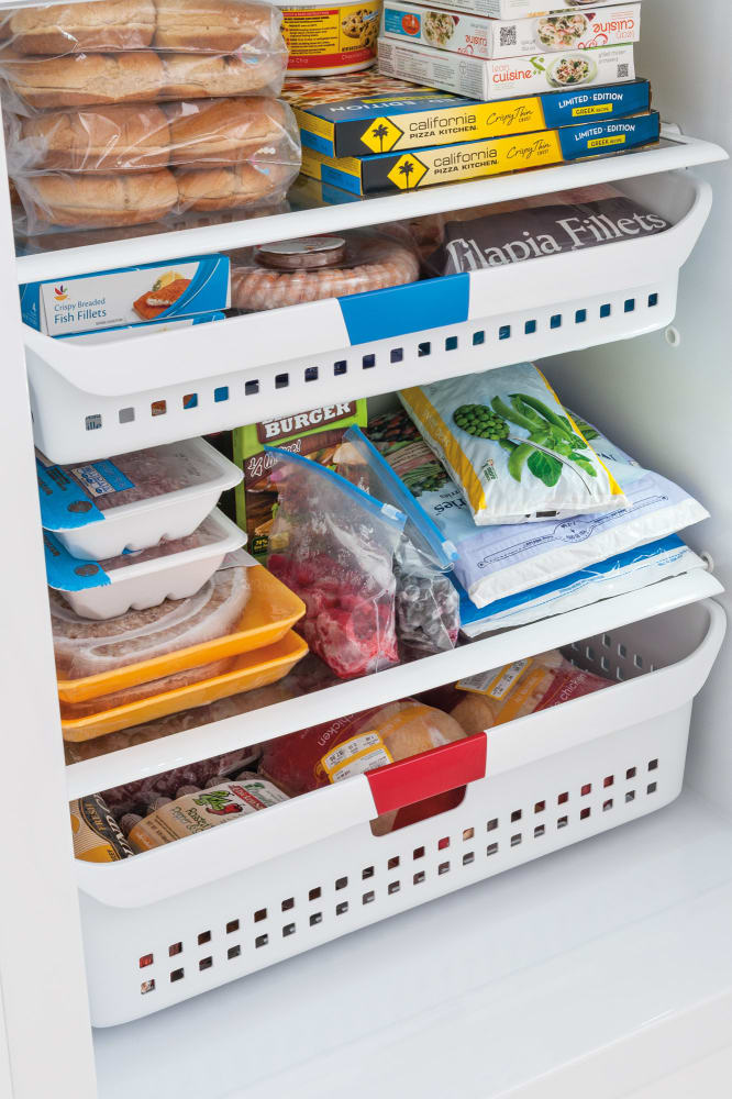 Frigidaire FFU21M7HW 20.7 cu. ft. Upright Freezer with 4 Fixed Shelves,  Store-More Tilt-Out Wire Door Bins, Soft Freeze Zone, Pop-Out Key Lock and  Defrost Water Drain
