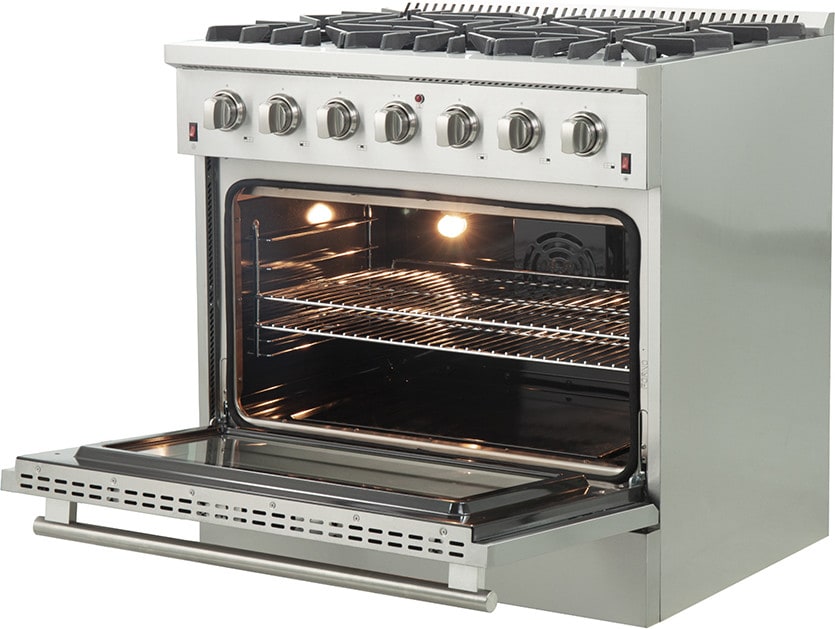 Forno FFSGS624436 Ancona Professional Gas Range with 6 Sealed Burners, 5.36 Cu. Ft. Convection Oven Capacity, Cast Iron Continuous Grate, Triple Layered Glass Door, Italian Defendi Burners, and ETL Listed: 36" Stainless Steel