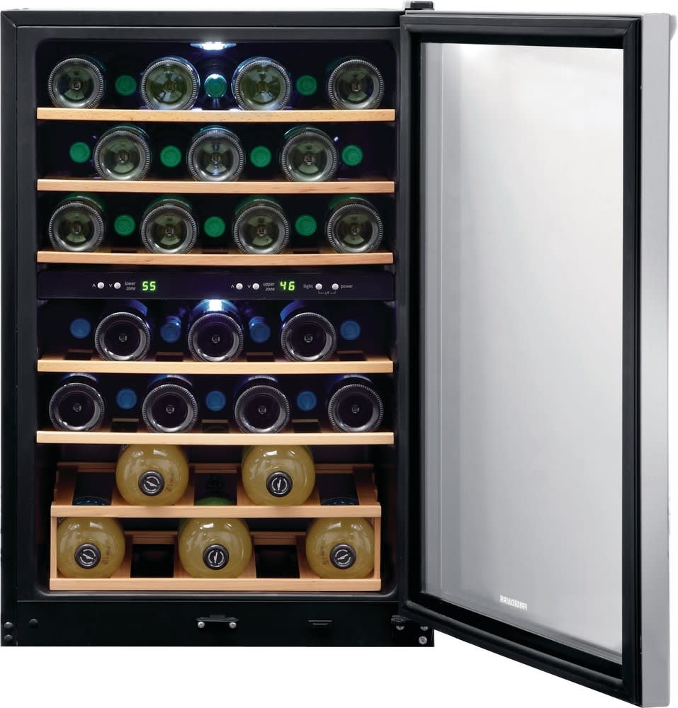 Frigidaire FFWC3822QS 22 Inch Freestanding Wine Cooler with 38 Bottle Capacity 7 Shelves Two Temperature Zones Tinted Glass Window and Interior LED Lighting