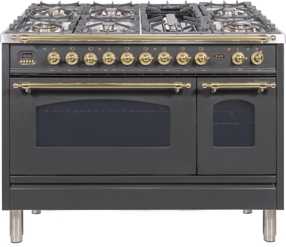 Ilve Upn1fdmpmng 48 Inch Professional Freestanding Gas Range With 7 Sealed Burners Dual Oven 4 99 Cu Ft Oven Capacity Storage Drawer Continuous Grates Convection Oven Defrost Function Triple Ring Burner And Electric