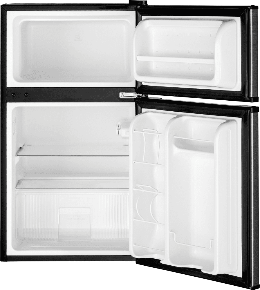 GE GDE03GLKLB 19 Inch Top Freezer Compact Refrigerator with 3.1 Cu. Ft.  Capacity, 2 Glass Shelves, Storage Drawer, 2 Door Bins, Beverage Can Door  Bin, Freezer Door Bin, ENERGY STAR and Mini