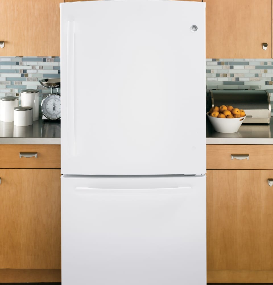 33 Inch Refrigerator Bottom Freezer With Ice Maker GE GDE23GGHWW 33 Inch Bottom-Freezer Refrigerator with 23.2 cu. ft