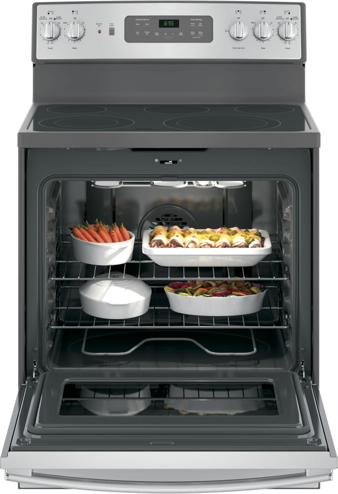 GE JB655SKSS 30 Inch Freestanding Electric Range with 5 Element Burners, 5.3 Cu. Ft. Oven Capacity, Removable Storage Drawer, Self-Clean, Convection, Dual Element, Power Boil Element, and UL Listed: Stainless Steel