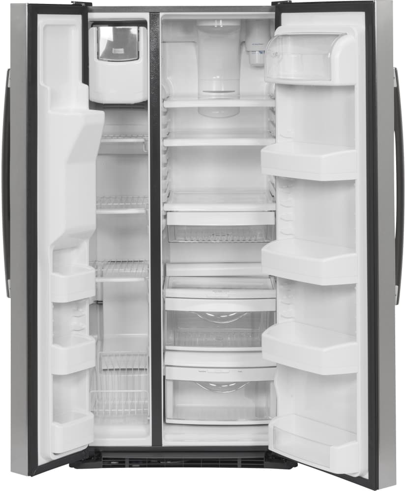 GE GSS23GSKSS 33 Inch Side By Side Refrigerator with 23.2 cu. ft. Capacity, Ice and Water Dispenser, Advanced Filtration, Snack Drawer, Humidity-Controlled Crisper Drawer, Spill Proof Glass Shelving, and Door Alarm: Stainless Steel