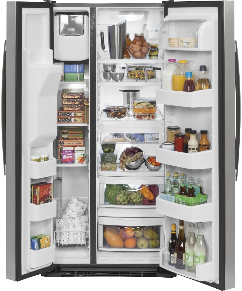 GE GSS23GSKSS 33 Inch Side By Side Refrigerator with 23.2 cu. ft. Capacity, Ice and Water Dispenser, Advanced Filtration, Snack Drawer, Humidity-Controlled Crisper Drawer, Spill Proof Glass Shelving, and Door Alarm: Stainless Steel