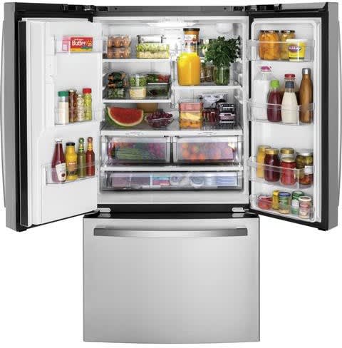 GE GFE26JYMFS 36 Inch French Door Refrigerator with 25.6 Cu. Ft. Capacity, Spill Proof Glass Shelves, Deli Drawer, Humidity-Controlled Crispers, Door Alarm, Enhanced Shabbos Mode Capable, External Ice/Water Dispenser, ENERGY STAR® Qualified, and ADA Compliant: Fingerprint Resistant Stainless Steel