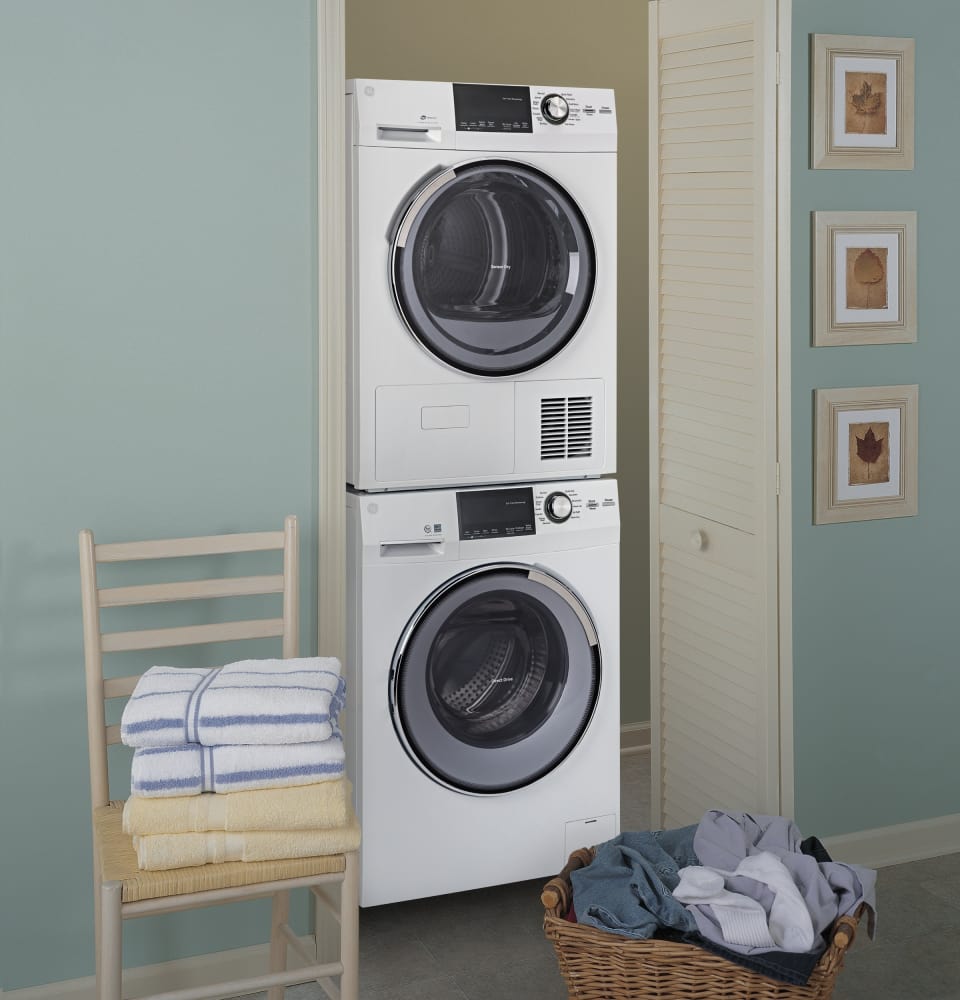 GE GEWADREW222 Stacked Washer & Dryer Set with Front Load Washer and Electric Dryer in White