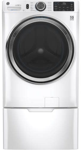 GE GEWADREW6502 Side-by-Side on Pedestals Washer & Dryer Set with Front Load Washer and Electric Dryer in White