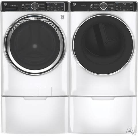 GE GEWADRGW8502 Side-by-Side on Pedestals Washer & Dryer Set with Front Load Washer and Gas Dryer in White