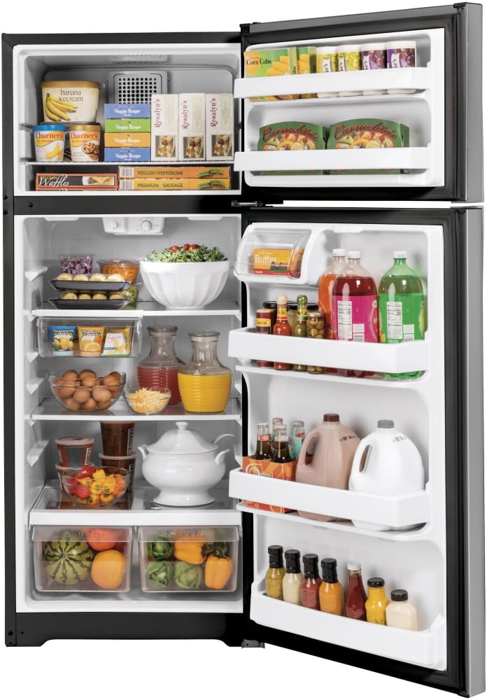 GE GTE17GSNRSS 28 Inch Top Freezer Refrigerator with 16.6 Cu. Ft. Capacity, LED Lighting, Adjustable Glass Shelves, Door Shelves, Reversible Hinges, Frost-Free, Sabbath Mode, ENERGY STAR®, Star-K Certified, and ADA Compliant: Stainless Steel
