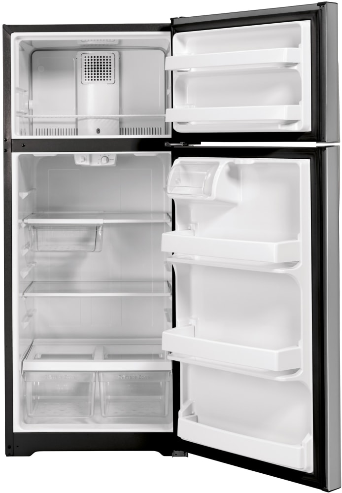 GE GTE17GSNRSS 28 Inch Top Freezer Refrigerator with 16.6 Cu. Ft. Capacity, LED Lighting, Adjustable Glass Shelves, Door Shelves, Reversible Hinges, Frost-Free, Sabbath Mode, ENERGY STAR®, Star-K Certified, and ADA Compliant: Stainless Steel
